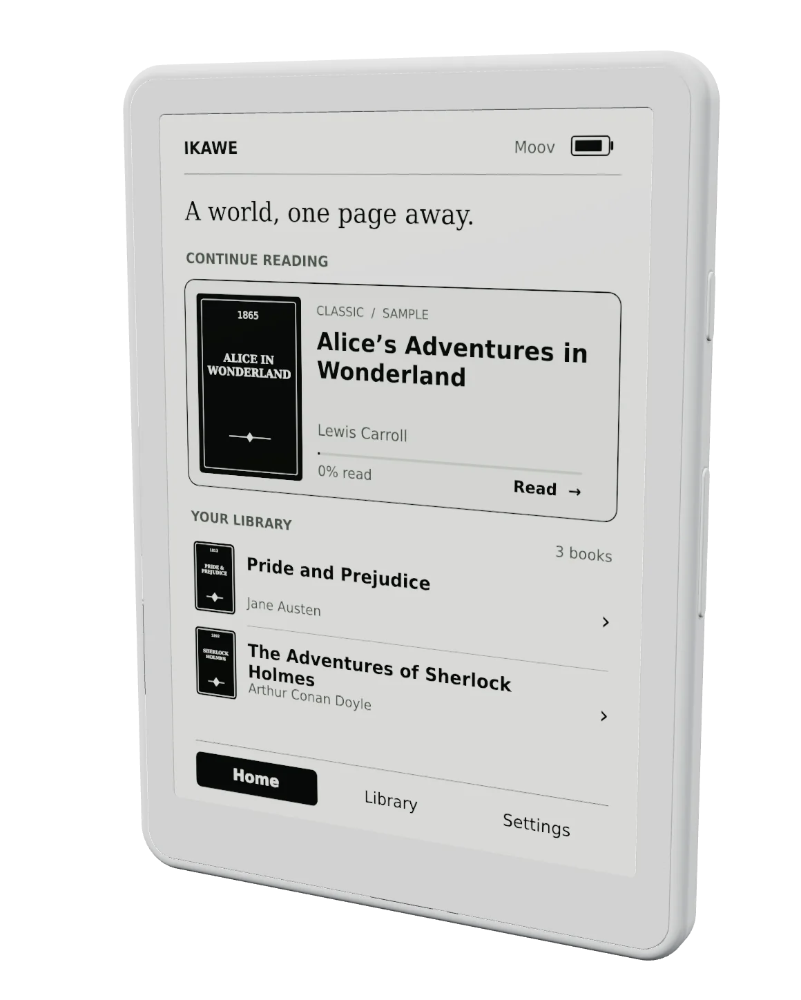 IKAWE Moov in white, turned to show its reading screen and side buttons.