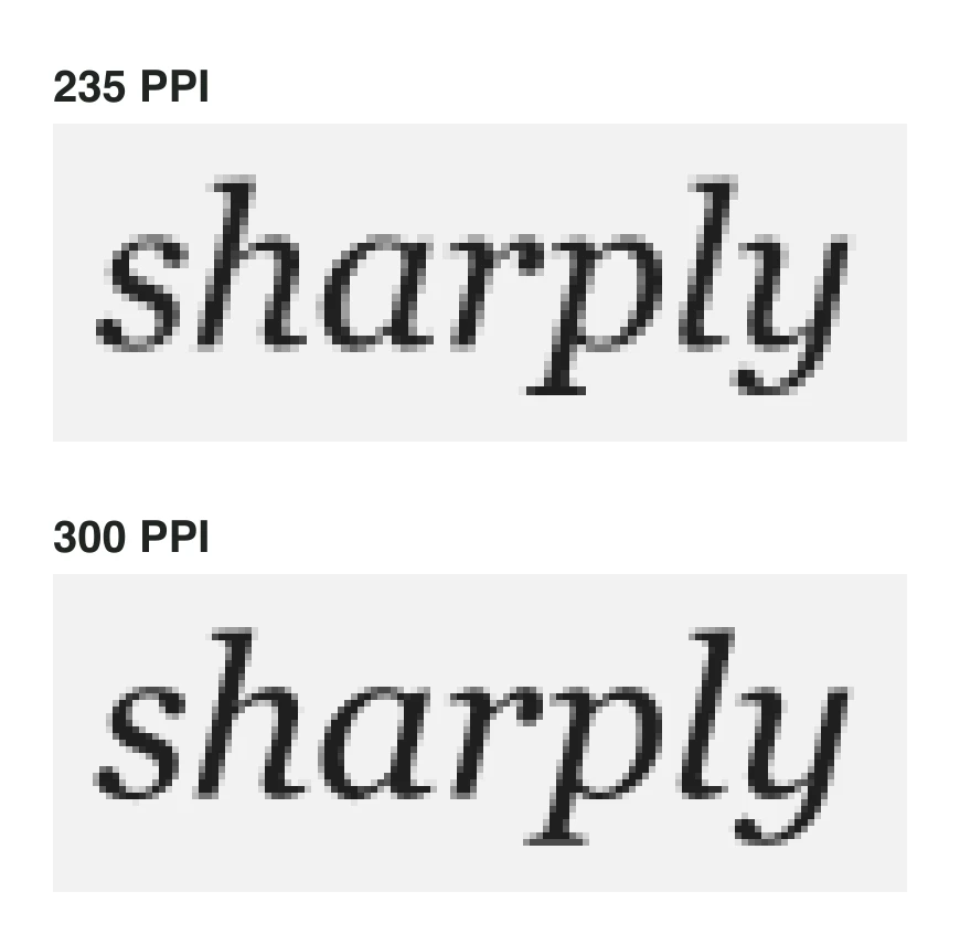 The italic word 'sharply' rendered at 8-point size at 235 PPI and at 300 PPI, enlarged to show the pixels. The 235 PPI version has softer, blockier curves.