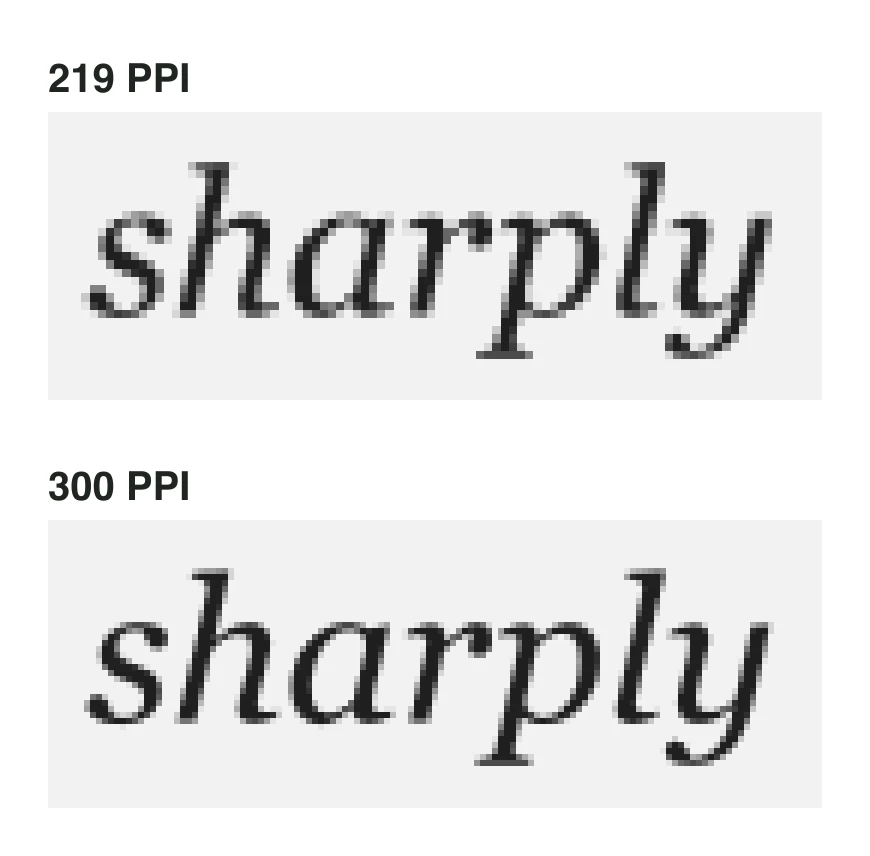 The italic word 'sharply' rendered at 8-point size at 219 PPI and at 300 PPI, enlarged to show the pixels. The 219 PPI version has visibly blockier curves.